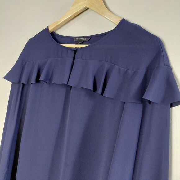 🦋3/$25 Banana Republic Small Navy Blue Long Sleeve Ruffle Sheer Blouse - Picture 2 of 10